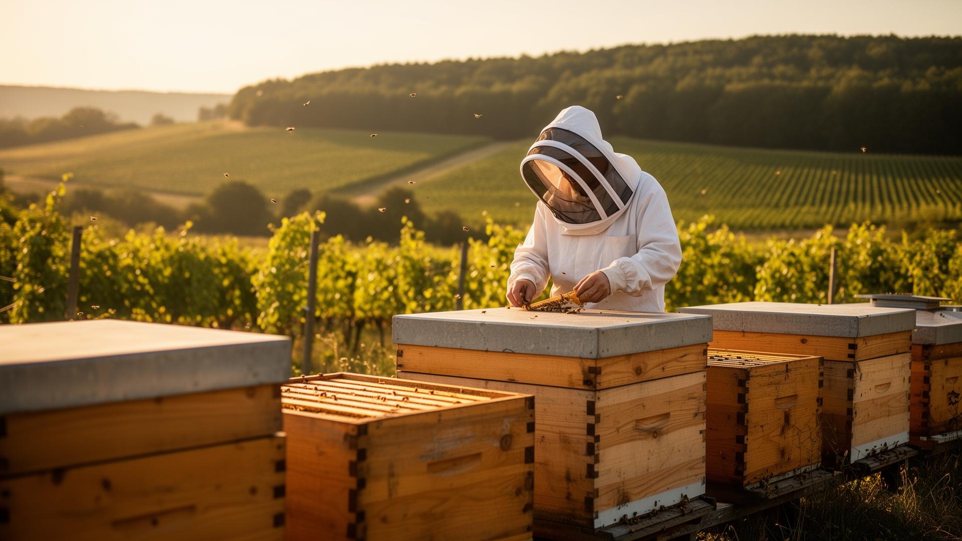 Imker bei seinen Bienenstöcken in der Pfälzer Landschaft
